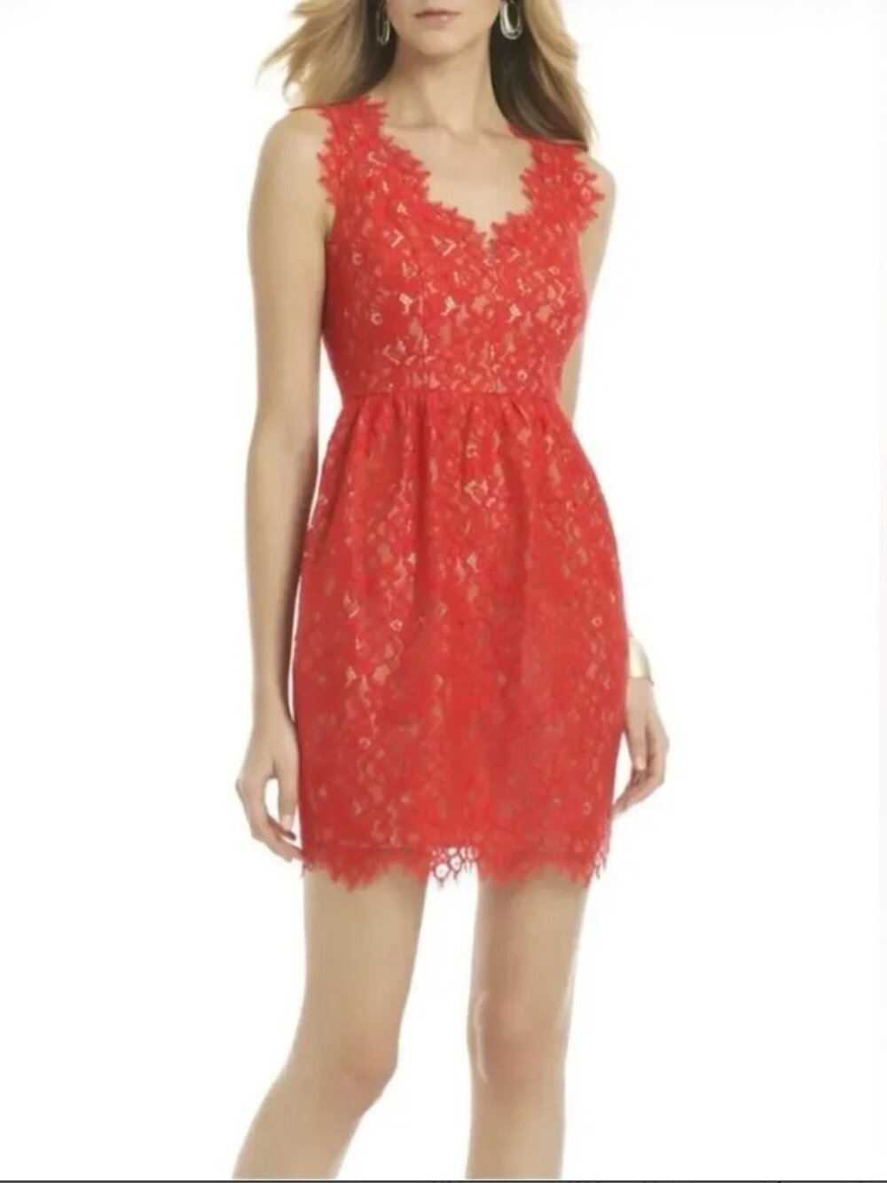 Shoshanna Sierra Lace Mini Party Dress Red Size 8 Sleeveless Nude Lining V-Neck